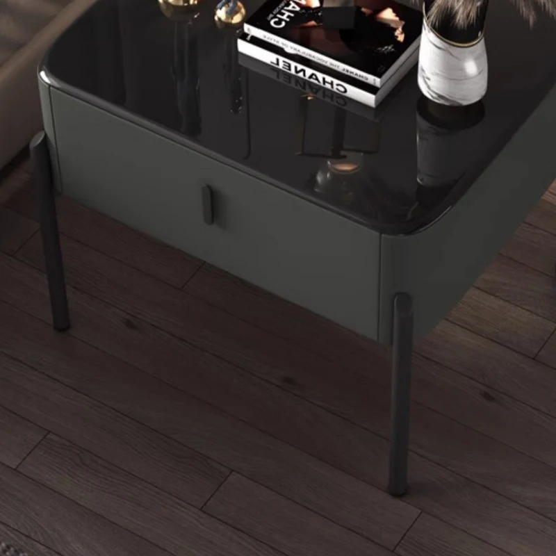 Contemporary Luxury Rectangular Tempered Glass Top Faux Leather Veneered MDF Frame Nightstand 1-Drawer For Bedroom