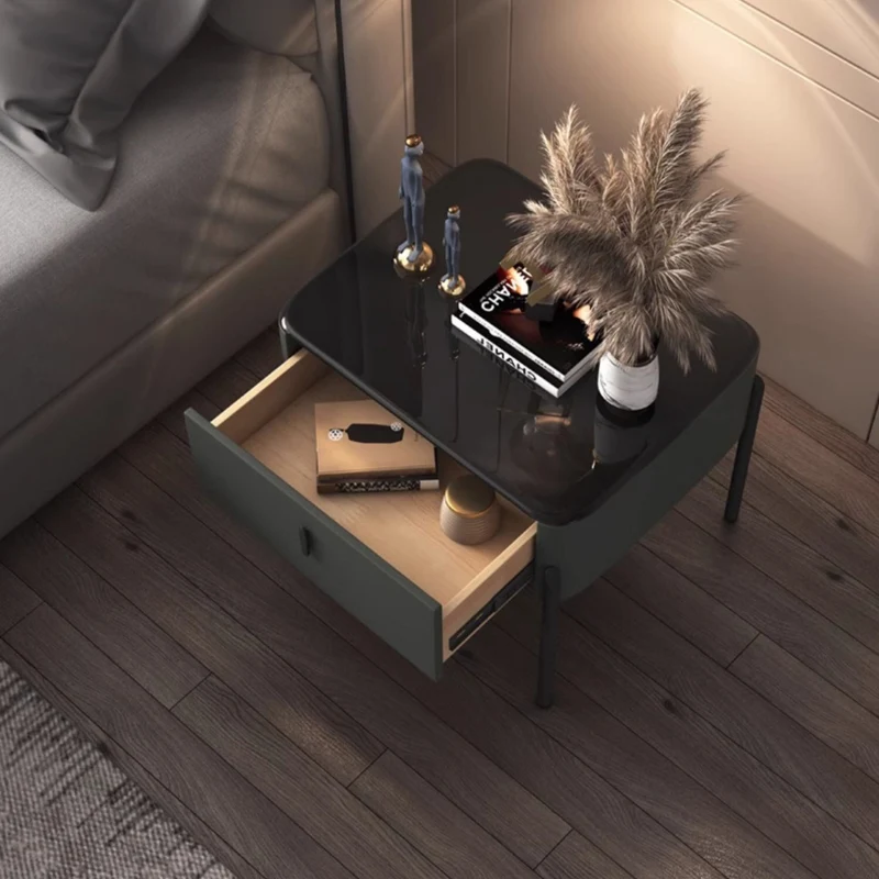 Contemporary Luxury Rectangular Tempered Glass Top Faux Leather Veneered MDF Frame Nightstand 1-Drawer For Bedroom
