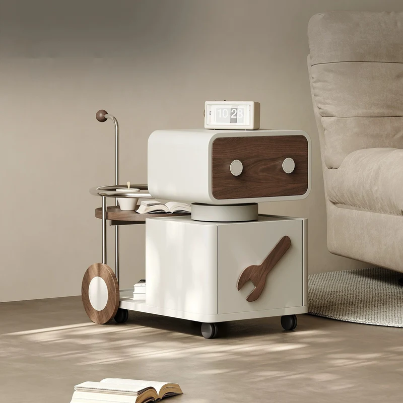Contemporary Creative Robot Rotatable Plywood Stainless Steel Side Table 2 - Drawer For Living Room