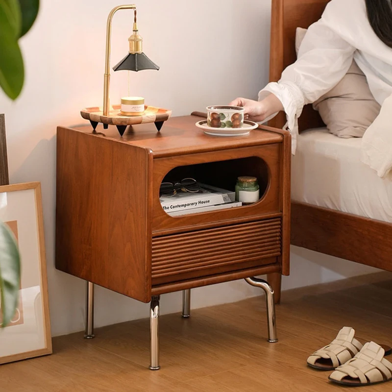 Traditional Vintage Square Pine Stainless Steel Nightstand 1-Drawer For Bedroom
