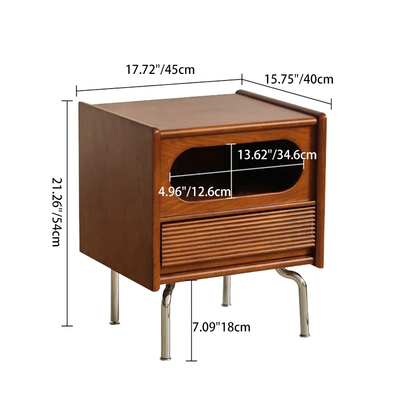 Traditional Vintage Square Pine Stainless Steel Nightstand 1-Drawer For Bedroom