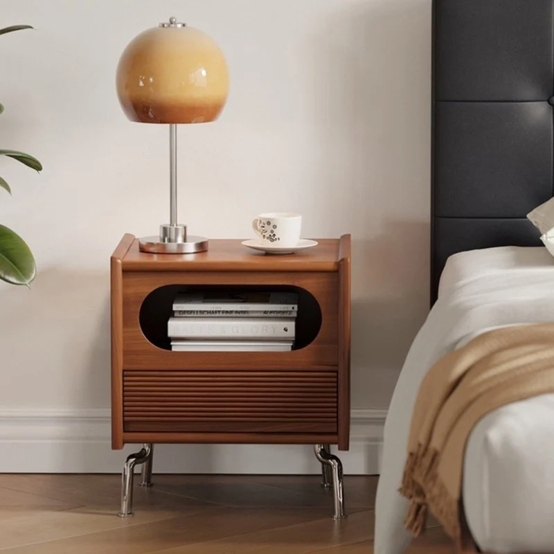 Traditional Vintage Square Pine Stainless Steel Nightstand 1-Drawer For Bedroom