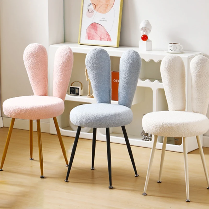Modern Art Deco Rabbit Ears Round Sherpa Fabric Carbon Steel Vanity Stool Backrest For Bedroom