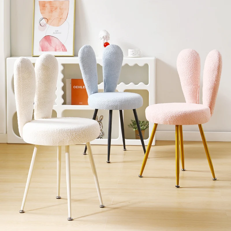 Modern Art Deco Rabbit Ears Round Sherpa Fabric Carbon Steel Vanity Stool Backrest For Bedroom