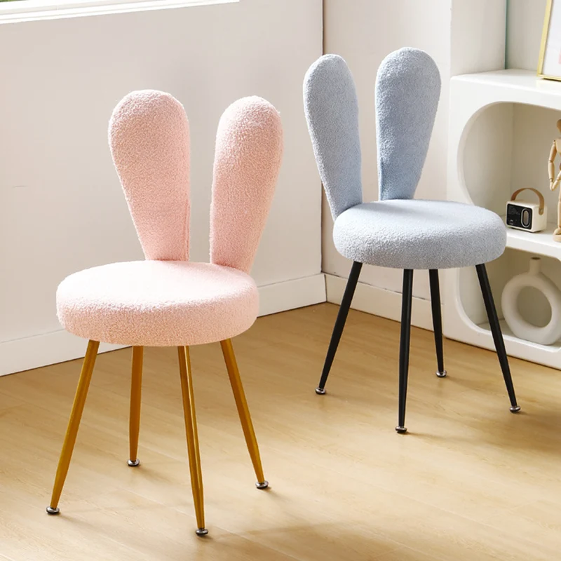 Modern Art Deco Rabbit Ears Round Sherpa Fabric Carbon Steel Vanity Stool Backrest For Bedroom