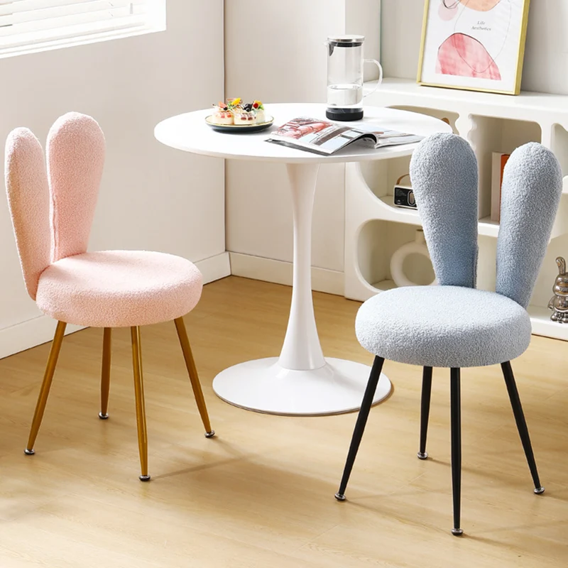 Modern Art Deco Rabbit Ears Round Sherpa Fabric Carbon Steel Vanity Stool Backrest For Bedroom
