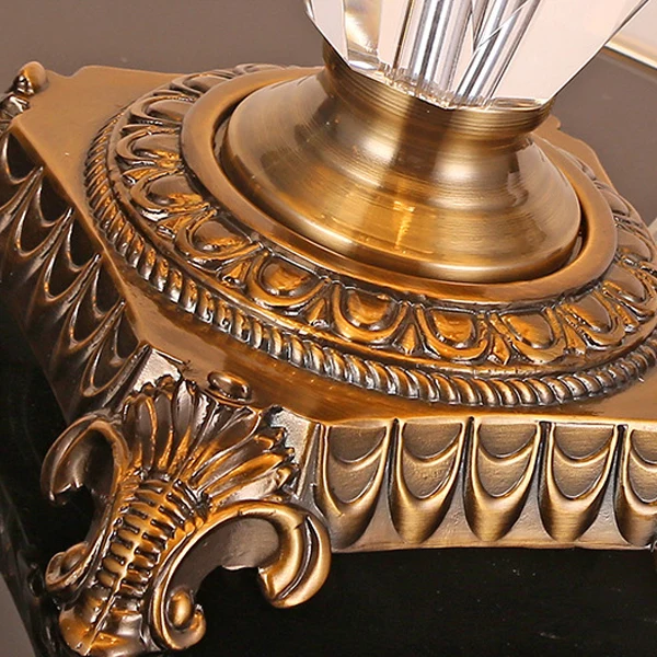 Traditional Vintage Fabric Bell Shade Crystal Carving Zinc Alloy Base 3-Light Table Lamp For Bedroom