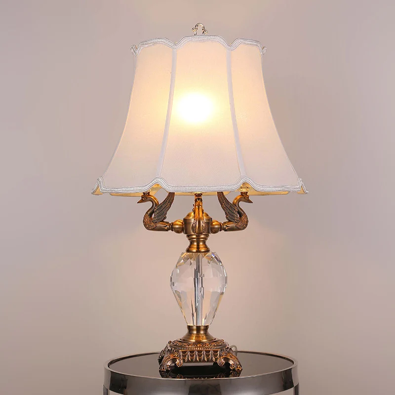 Traditional Vintage Fabric Bell Shade Crystal Carving Zinc Alloy Base 3-Light Table Lamp For Bedroom