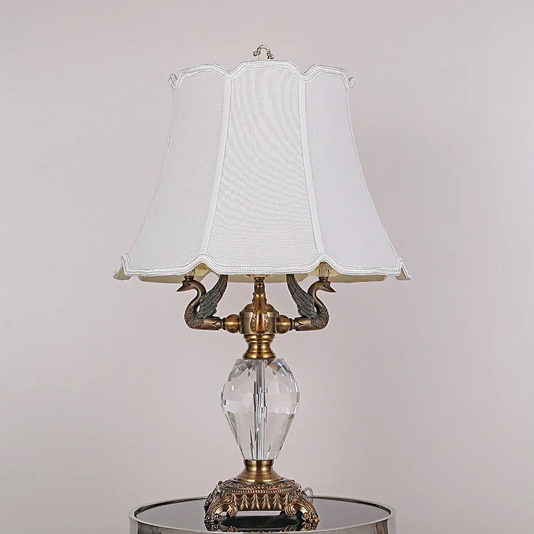 Traditional Vintage Fabric Bell Shade Crystal Carving Zinc Alloy Base 3-Light Table Lamp For Bedroom