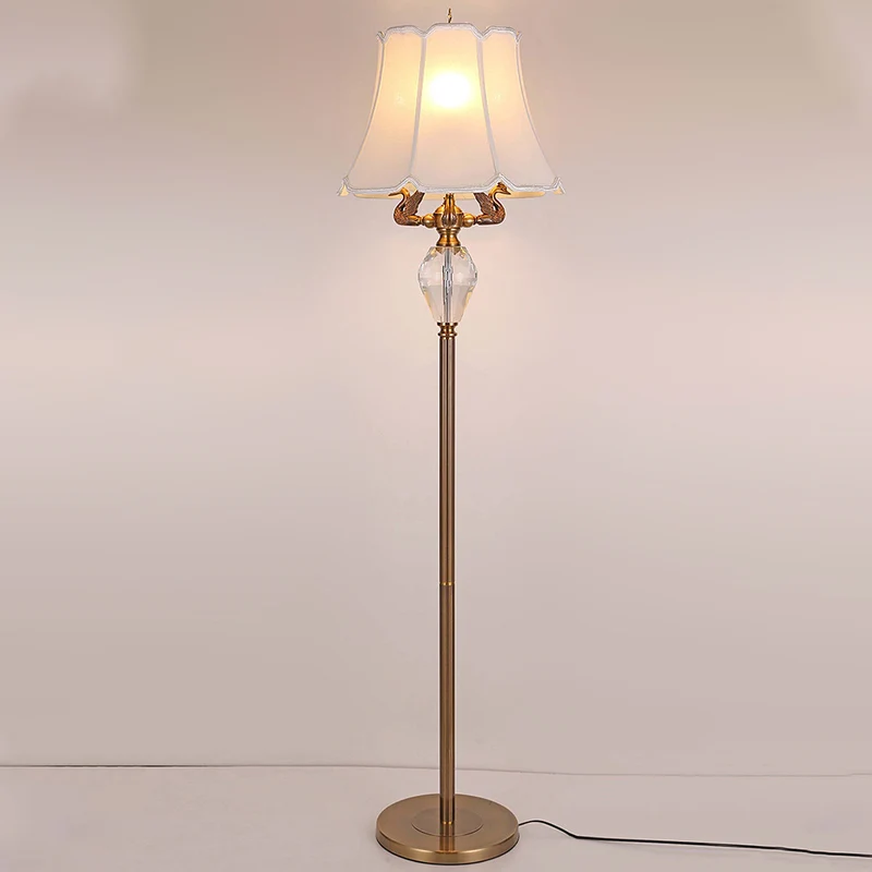 Traditional Vintage Fabric Bell Shade Crystal Carving Zinc Alloy Base 3-Light Standing Floor Lamp For Bedroom