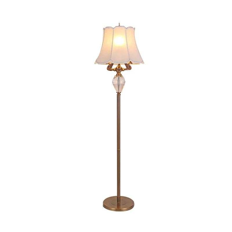 Traditional Vintage Fabric Bell Shade Crystal Carving Zinc Alloy Base 3-Light Standing Floor Lamp For Bedroom