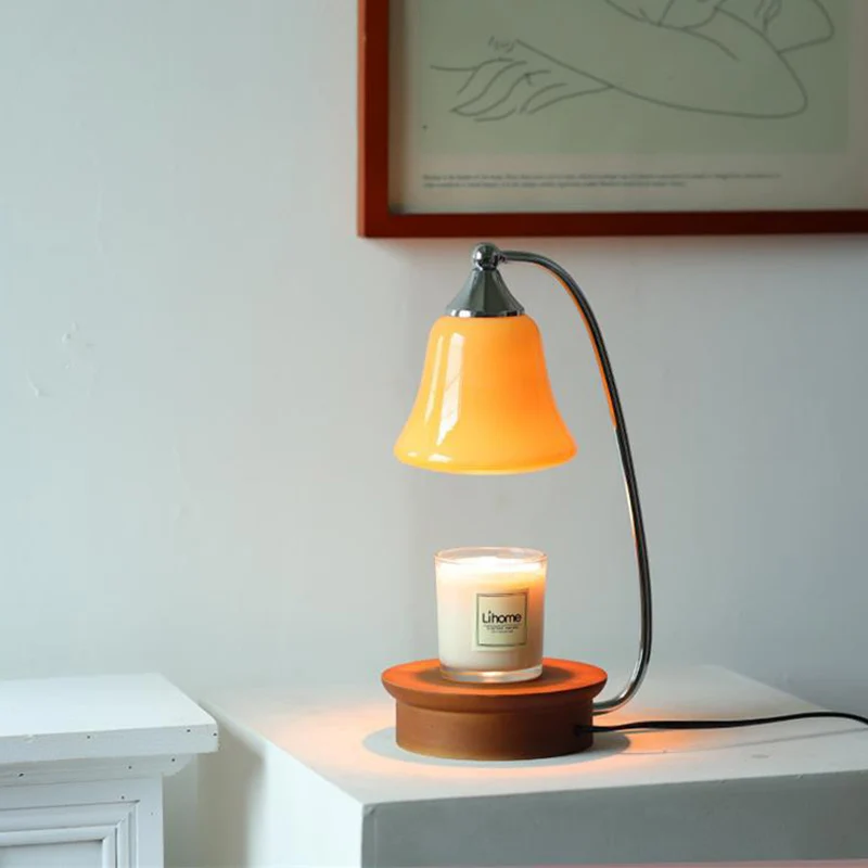 Contemporary Nordic Glass Bell Shade Solid Wood Base 1-Light Melting Wax Table Lamp For Bedroom