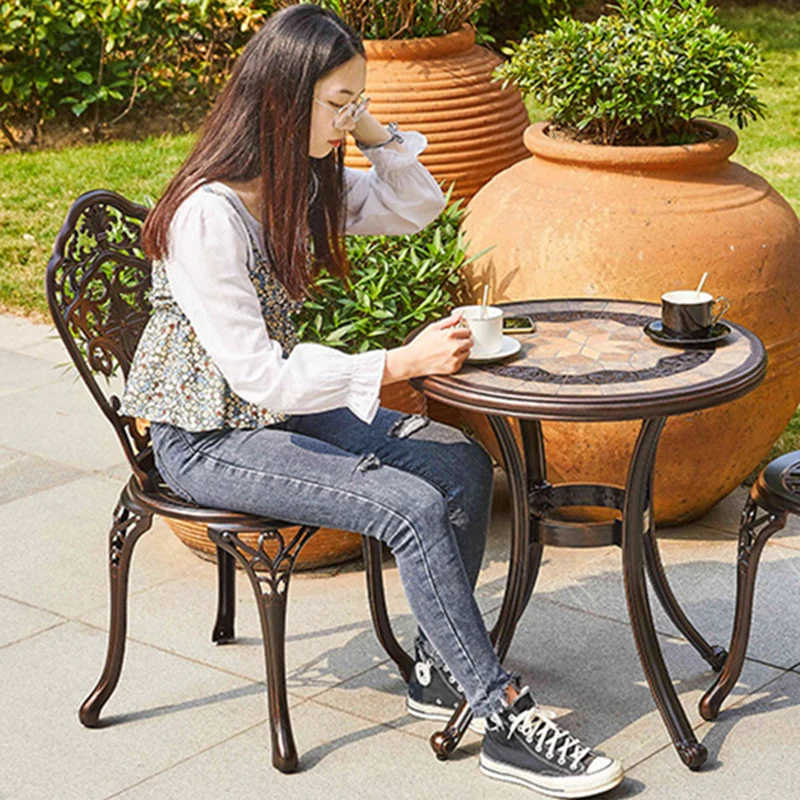 Traditional European Waterproof Cast Aluminum Alloy Orchid Pattern Round Accent Chair With Backrest For Outdoor Patio