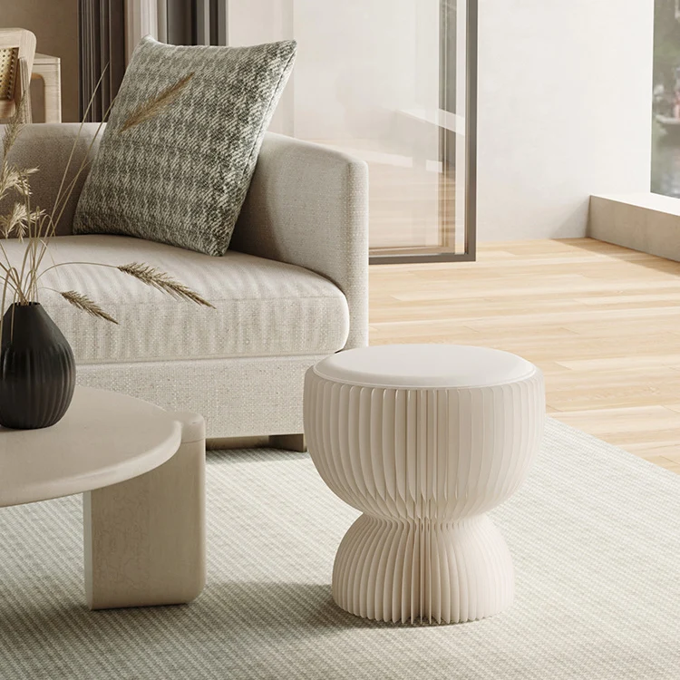 Contemporary Creative PU Leather Kraft Paper Round Cylinder Foldable Low Stool For Bedroom & Living Room