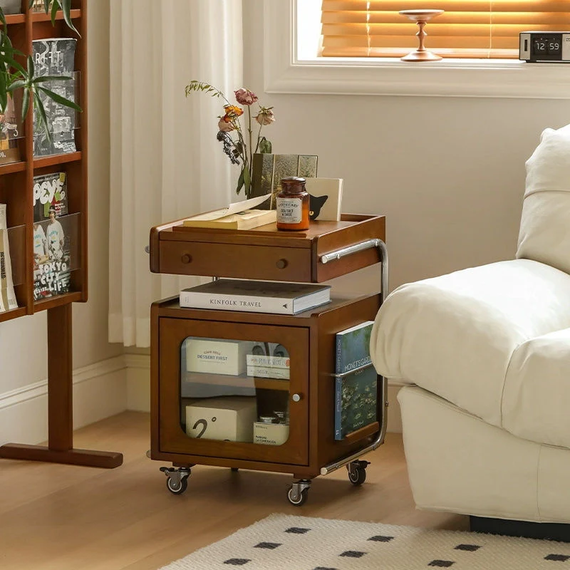 Traditional Chinese Wood Glass Stainless Steel Robot-Shaped Movable Nightstand With 2-Tier For Bedroom & Living Room