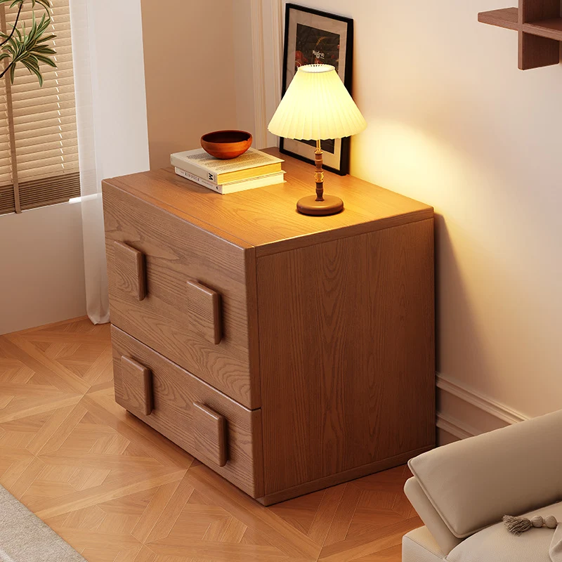 Traditional Chinese Solid Wood Square Nightstand With 2 Drawers For Bedroom