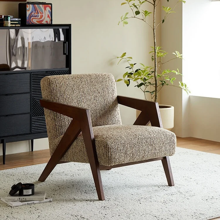 Traditional Chinese Cotton Linen Solid Wood Rounded Accent Chair With Armrest Backrest For Living Room