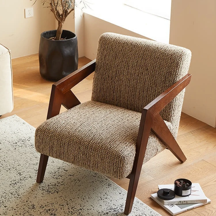 Traditional Chinese Cotton Linen Solid Wood Rounded Accent Chair With Armrest Backrest For Living Room