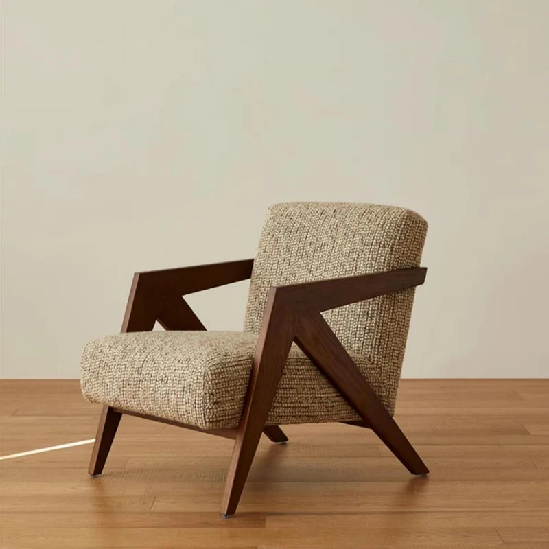 Traditional Chinese Cotton Linen Solid Wood Rounded Accent Chair With Armrest Backrest For Living Room