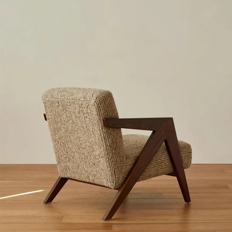 Traditional Chinese Cotton Linen Solid Wood Rounded Accent Chair With Armrest Backrest For Living Room