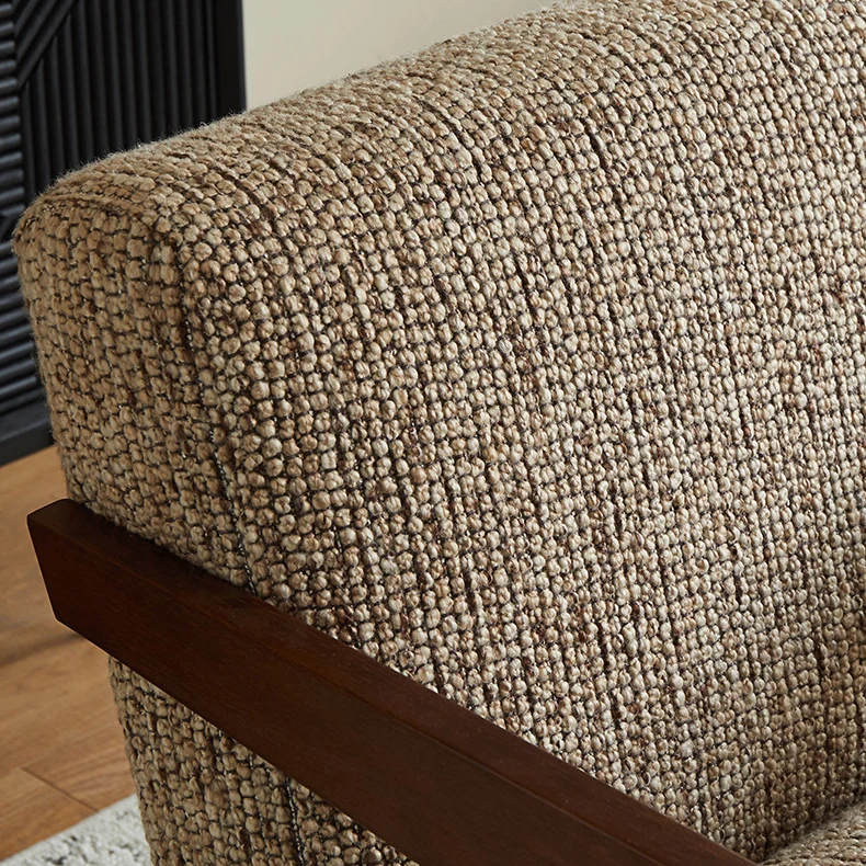 Traditional Chinese Cotton Linen Solid Wood Rounded Accent Chair With Armrest Backrest For Living Room