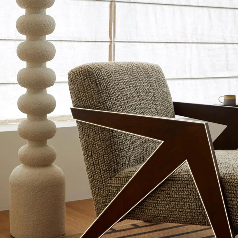 Traditional Chinese Cotton Linen Solid Wood Rounded Accent Chair With Armrest Backrest For Living Room