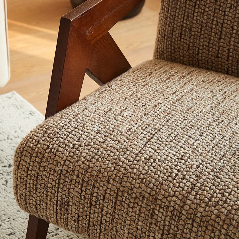 Traditional Chinese Cotton Linen Solid Wood Rounded Accent Chair With Armrest Backrest For Living Room