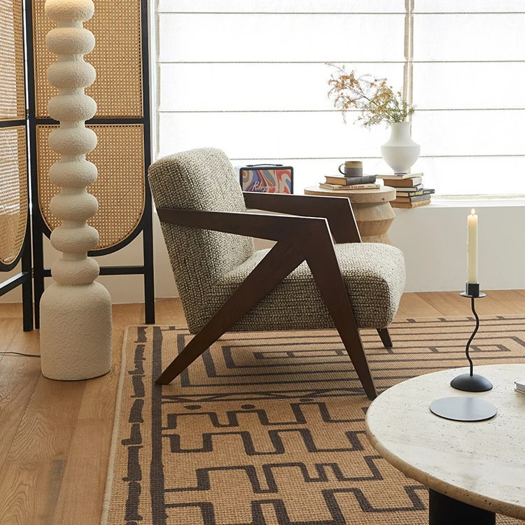 Traditional Chinese Cotton Linen Solid Wood Rounded Accent Chair With Armrest Backrest For Living Room