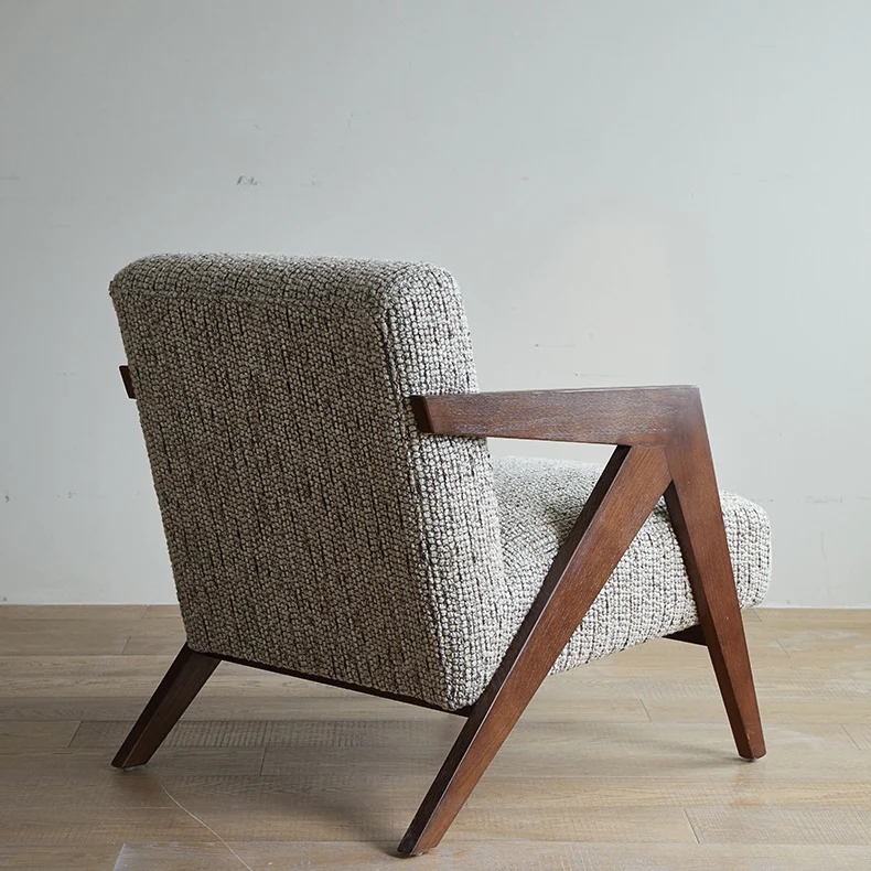Traditional Chinese Cotton Linen Solid Wood Rounded Accent Chair With Armrest Backrest For Living Room