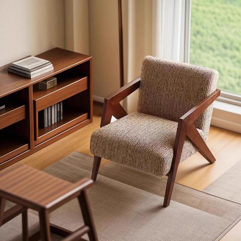 Traditional Chinese Cotton Linen Solid Wood Rounded Accent Chair With Armrest Backrest For Living Room