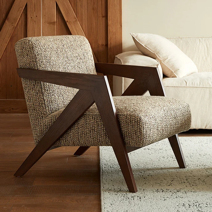 Traditional Chinese Cotton Linen Solid Wood Rounded Accent Chair With Armrest Backrest For Living Room
