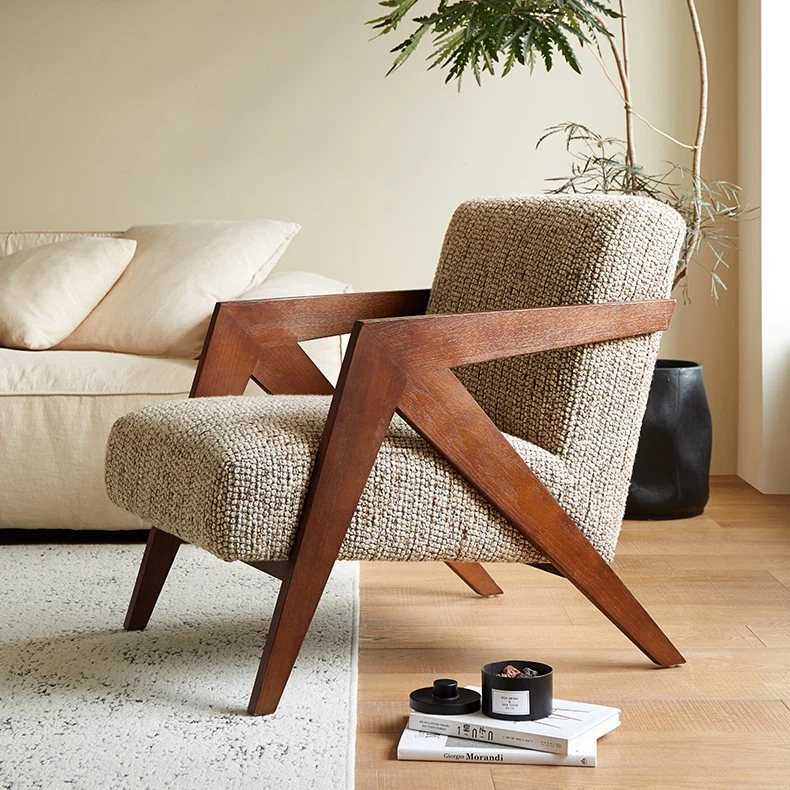 Traditional Chinese Cotton Linen Solid Wood Rounded Accent Chair With Armrest Backrest For Living Room