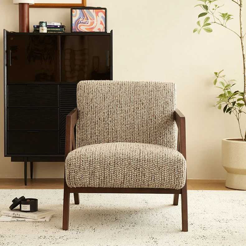 Traditional Chinese Cotton Linen Solid Wood Rounded Accent Chair With Armrest Backrest For Living Room