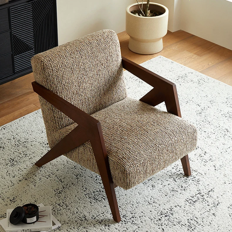 Traditional Chinese Cotton Linen Solid Wood Rounded Accent Chair With Armrest Backrest For Living Room