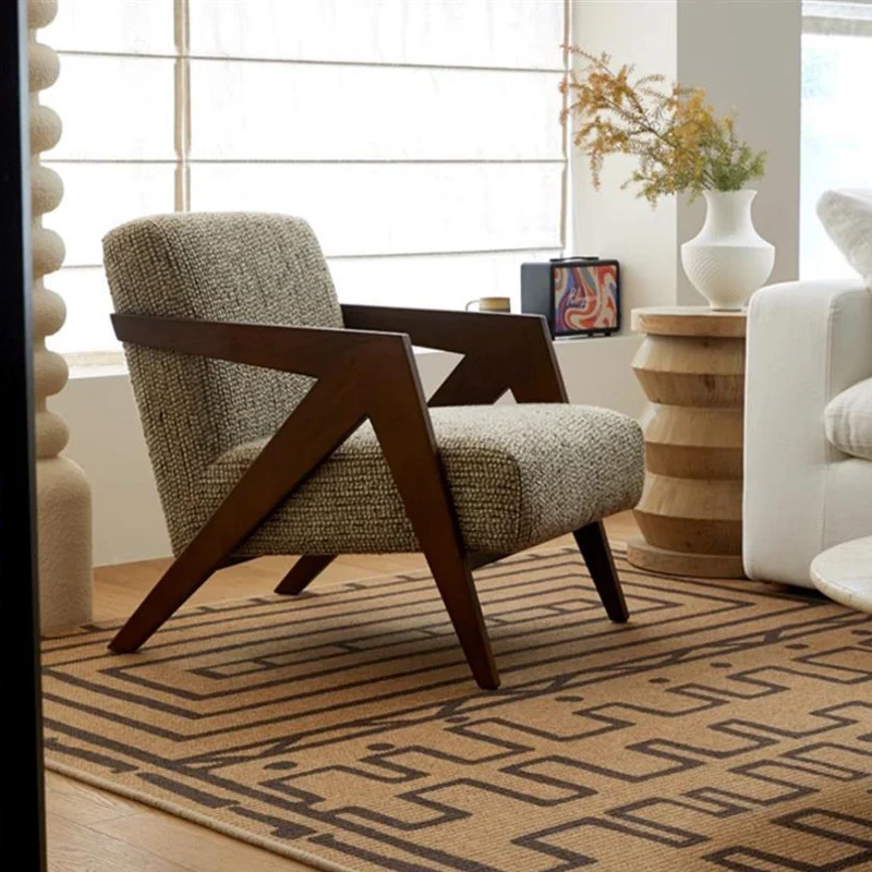 Traditional Chinese Cotton Linen Solid Wood Rounded Accent Chair With Armrest Backrest For Living Room