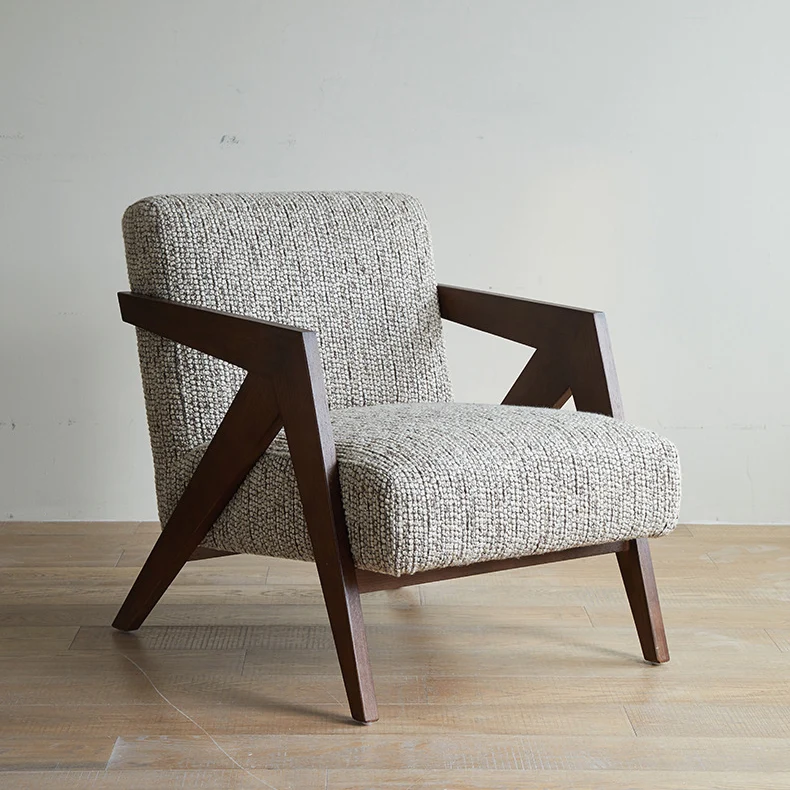 Traditional Chinese Cotton Linen Solid Wood Rounded Accent Chair With Armrest Backrest For Living Room