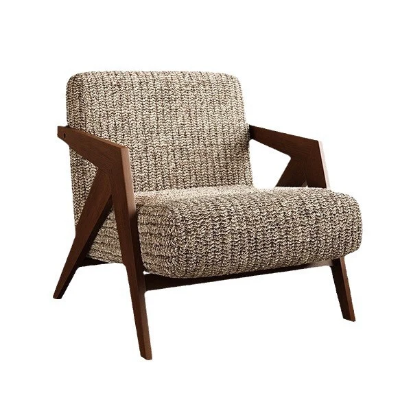 Traditional Chinese Cotton Linen Solid Wood Rounded Accent Chair With Armrest Backrest For Living Room