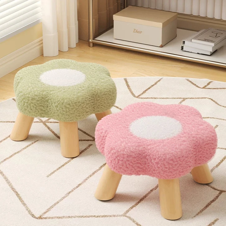 Modern Art Deco Faux Fleece Solid Wood Flower-Shaped Cylinder Low Stool For Bedroom & Living Room