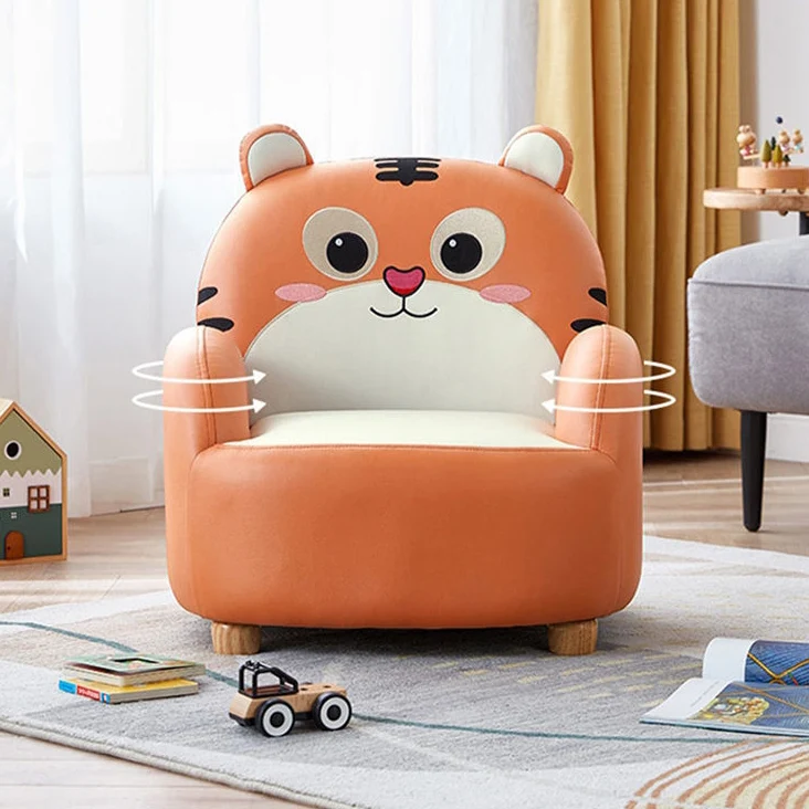 Modern Art Deco Kids Faux Leather Solid Wood Tiger & Bear Shape Chair With Backrest Armrests For Bedroom & Living Room
