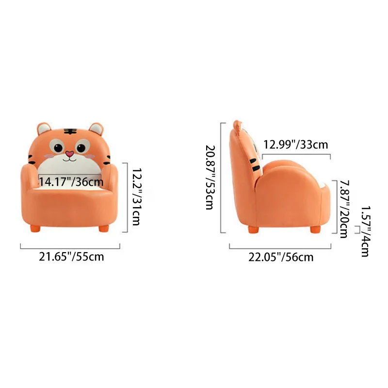 Modern Art Deco Kids Faux Leather Solid Wood Tiger & Bear Shape Chair With Backrest Armrests For Bedroom & Living Room