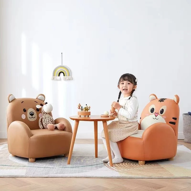 Modern Art Deco Kids Faux Leather Solid Wood Tiger & Bear Shape Chair With Backrest Armrests For Bedroom & Living Room
