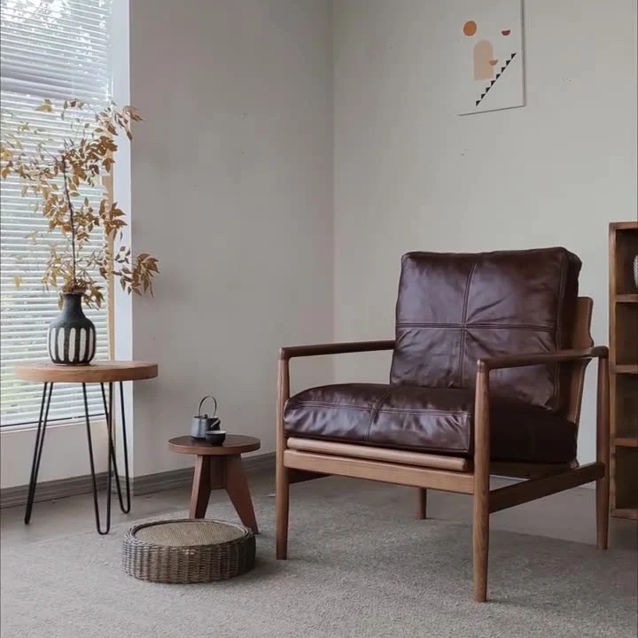 Traditional Japanese Faux Oil-Wax Leather Wood Square Straight-Edge Accent Chair With Backrest Armrests For Bedroom & Living Room