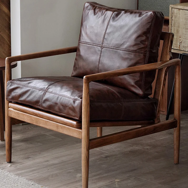Traditional Japanese Faux Oil-Wax Leather Wood Square Straight-Edge Accent Chair With Backrest Armrests For Bedroom & Living Room