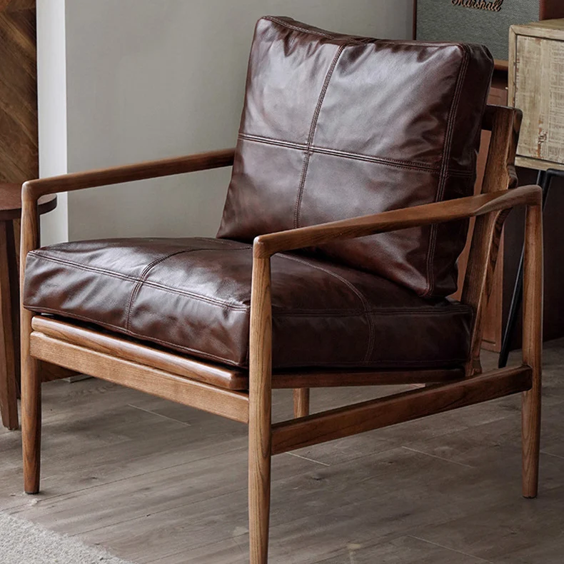 Traditional Japanese Faux Oil-Wax Leather Wood Square Straight-Edge Accent Chair With Backrest Armrests For Bedroom & Living Room
