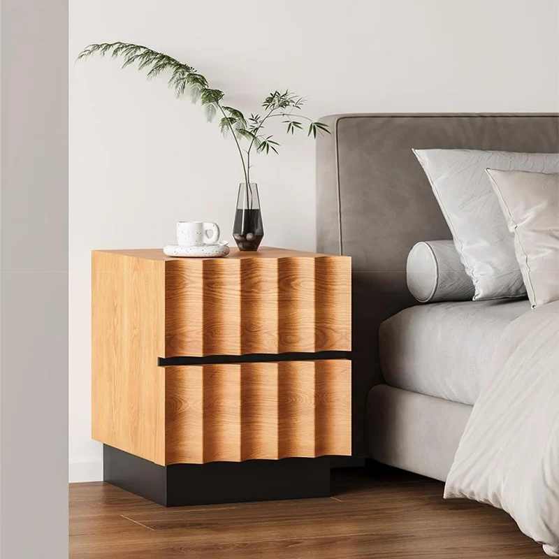 Contemporary Retro Square Water Ripples Red Oak Pine Medium-Density Fiberboard Nightstand 2 - Drawer For Bedroom