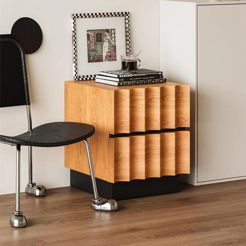 Contemporary Retro Square Water Ripples Red Oak Pine Medium-Density Fiberboard Nightstand 2 - Drawer For Bedroom