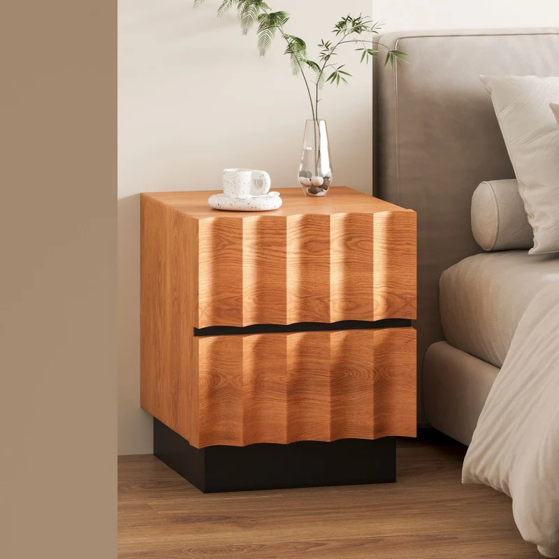 Contemporary Retro Square Water Ripples Red Oak Pine Medium-Density Fiberboard Nightstand 2 - Drawer For Bedroom
