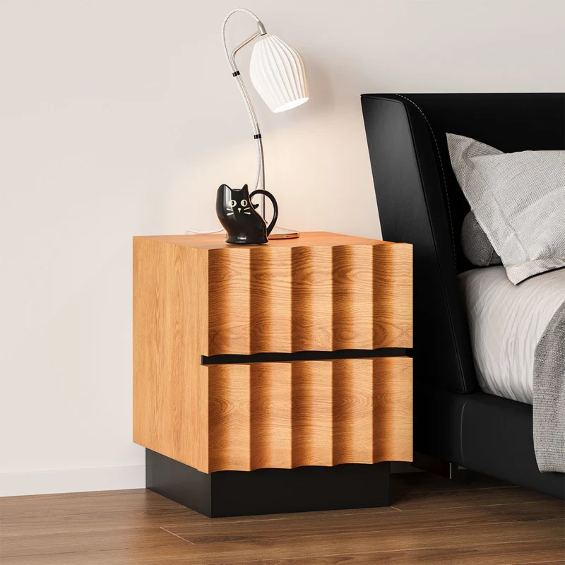 Contemporary Retro Square Water Ripples Red Oak Pine Medium-Density Fiberboard Nightstand 2 - Drawer For Bedroom