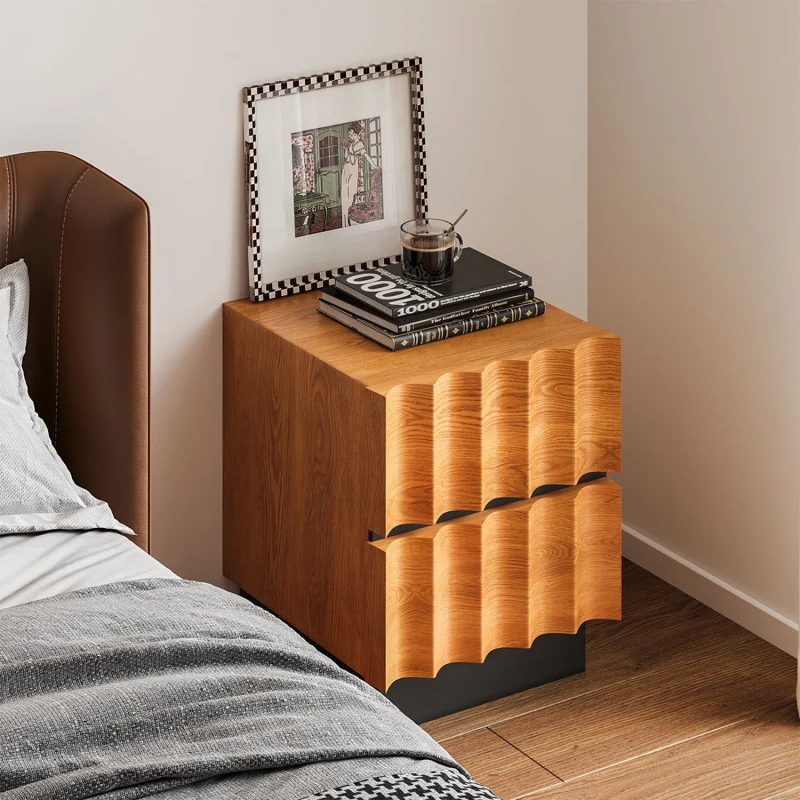 Contemporary Retro Square Water Ripples Red Oak Pine Medium-Density Fiberboard Nightstand 2 - Drawer For Bedroom