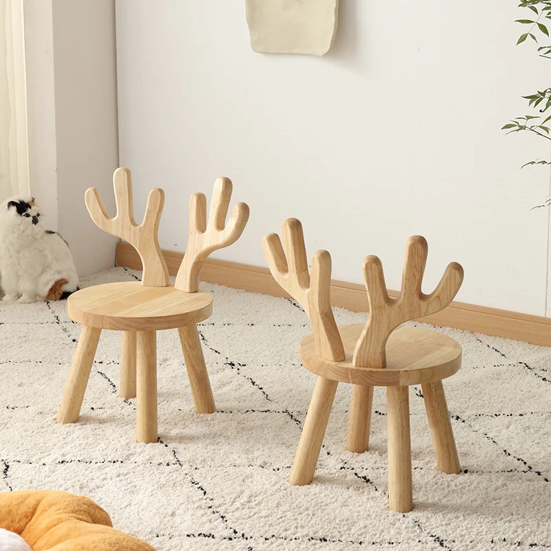 Contemporary Creative Rubberwood Antler Round Kids Low Stool With Backrest For Living Room And Entryway